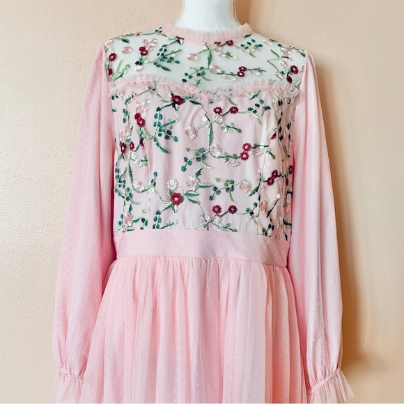 Simplee Plus Pink & Green Embroidered Floral Tulle Mesh Swiss Dot Print Dress. - Picture 2 of 10